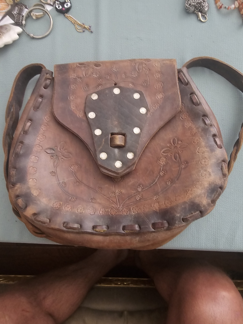 Vintage Handcrafted Brown Leather Floral Tooled Crossbody Bag